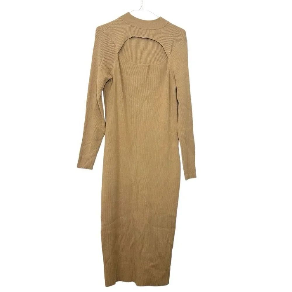 The Drop Mock Neck Rib Cutout Bodycon Long Sleeve Midi Sweater Dress Tan Large